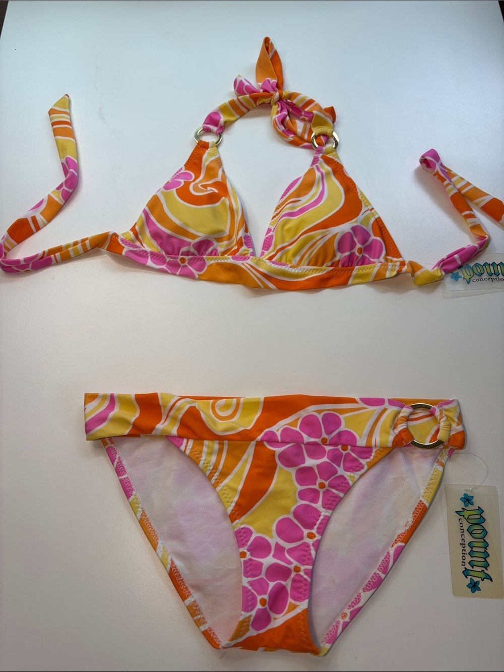 Orange Pink Yellow Floral Halter Bikini Set -499sku